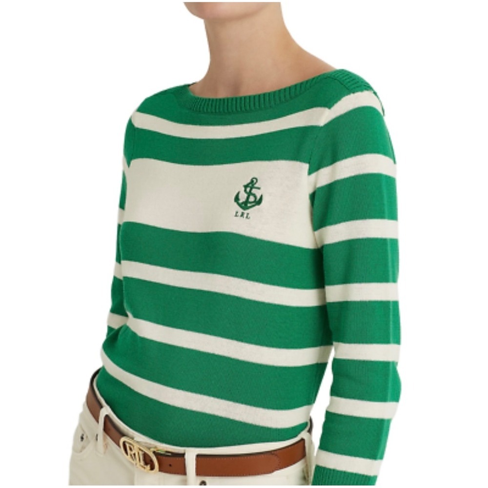Lauren Ralph Lauren Stripe‎ Boatneck Sweater Embroider Anchor Medium Kelly Green